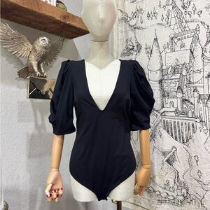 Free People Black Fitted Bodysuit with Puffed Sleeves